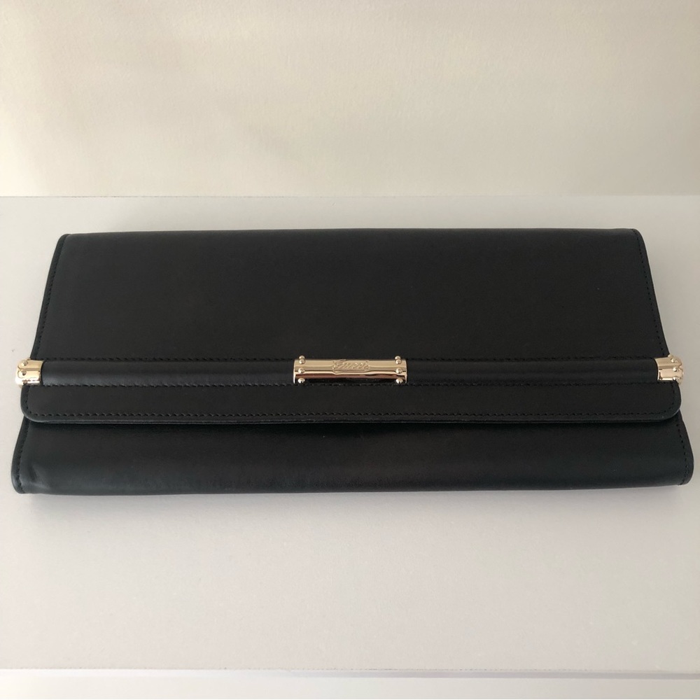 Gucci Rare Black Leather and Gold Bamboo Flap Clutch Bag - Picture 3 of 16